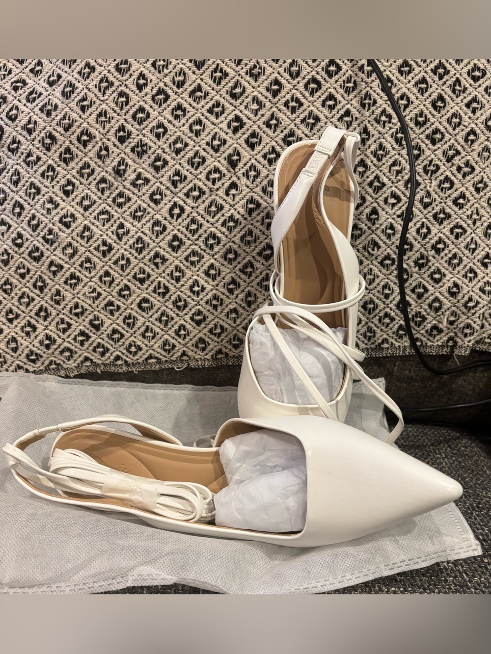 Soft White Pointed Lace-Up Kitten Heels